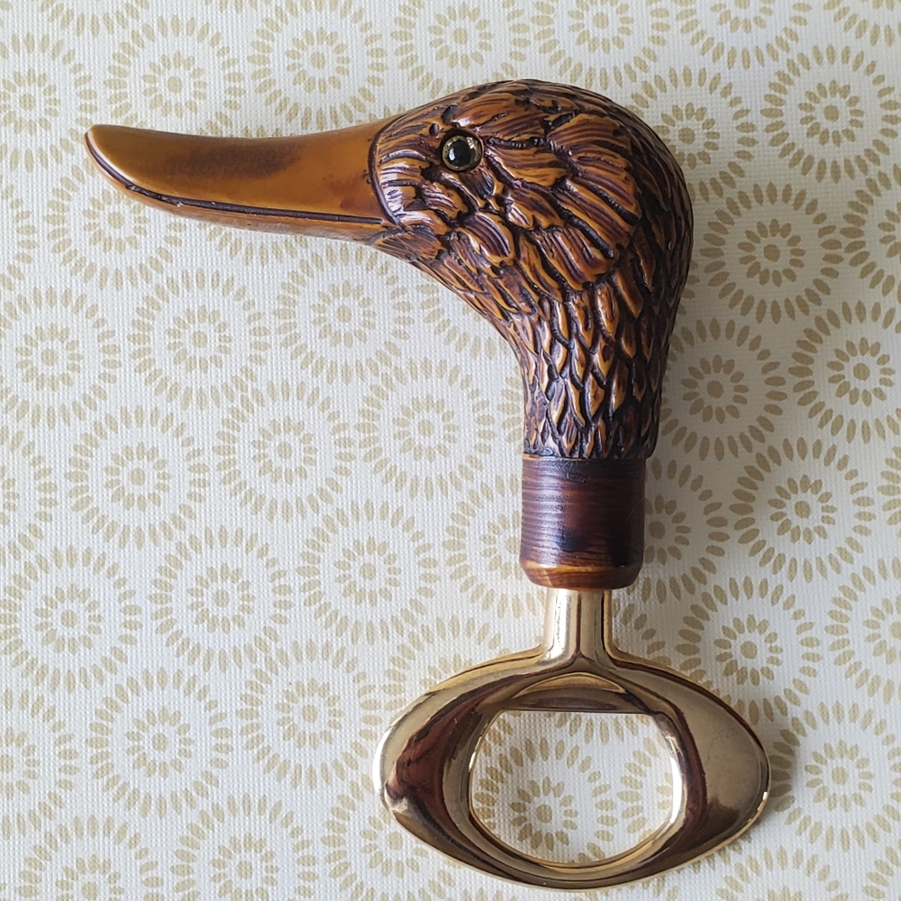 Vintage Mid Century Brass Duck Head Bottle Opener Faux Bakelite Glass Eyes